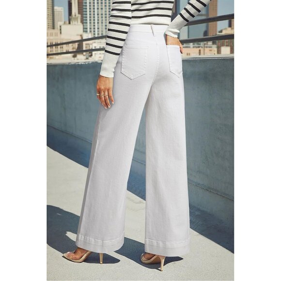 Women's White Casual High Waisted Stretch Button Wide Leg Loose Denim Jeans - Picture 2 of 3